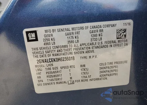 2017 Chevrolet Equinox Lt из США, поврежденный, VIN 2GNALCEK0H6236018